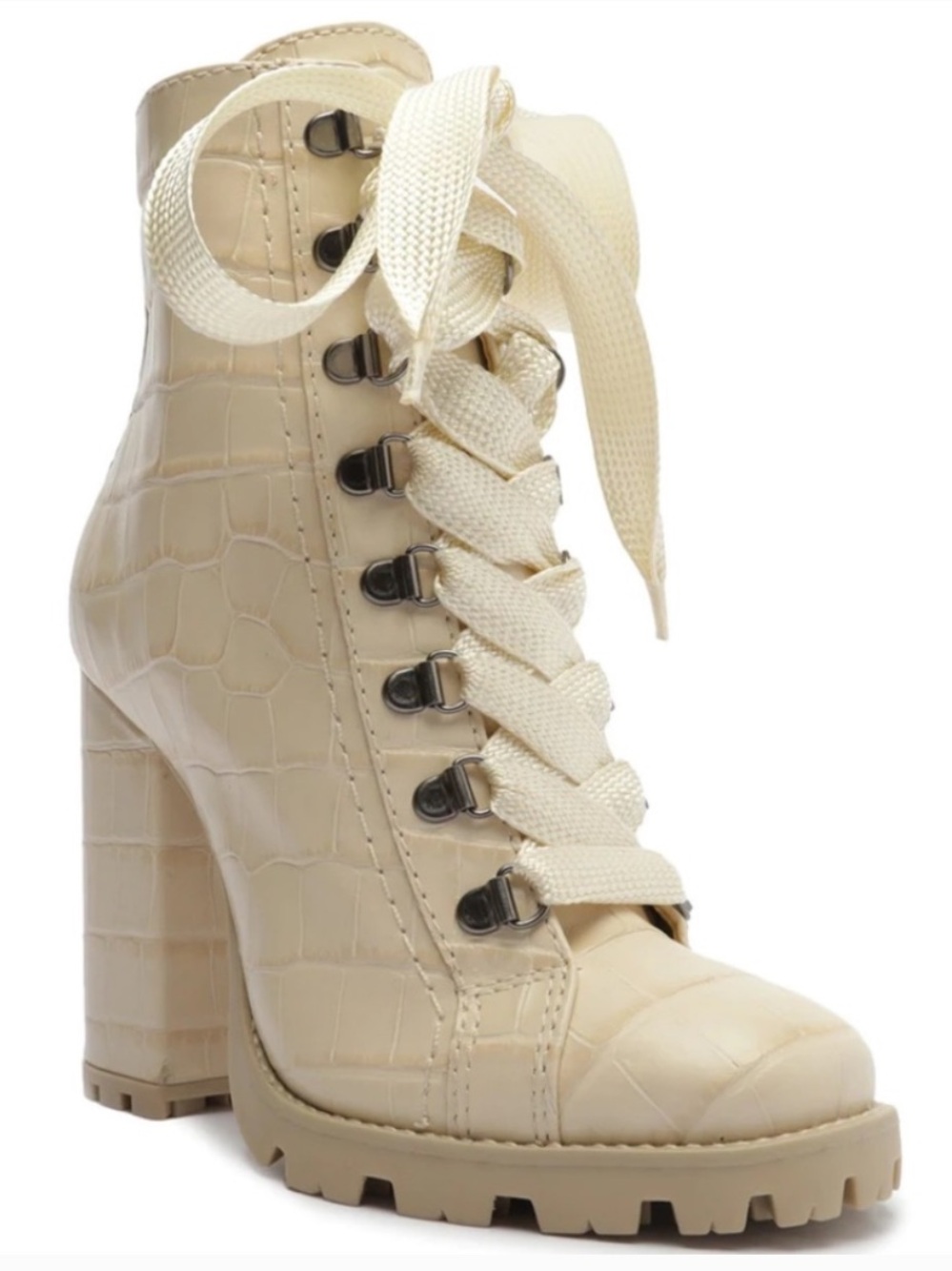 NEW SCHUTZ Cream Wide Croc Shell Embossed Lace-Up Block Heel Boots Size 6.5